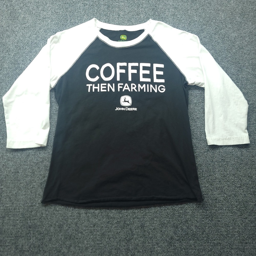 John Deere Women M Black White Raglan 3/4 Sleeve Coffee Then Farming Tee 3530